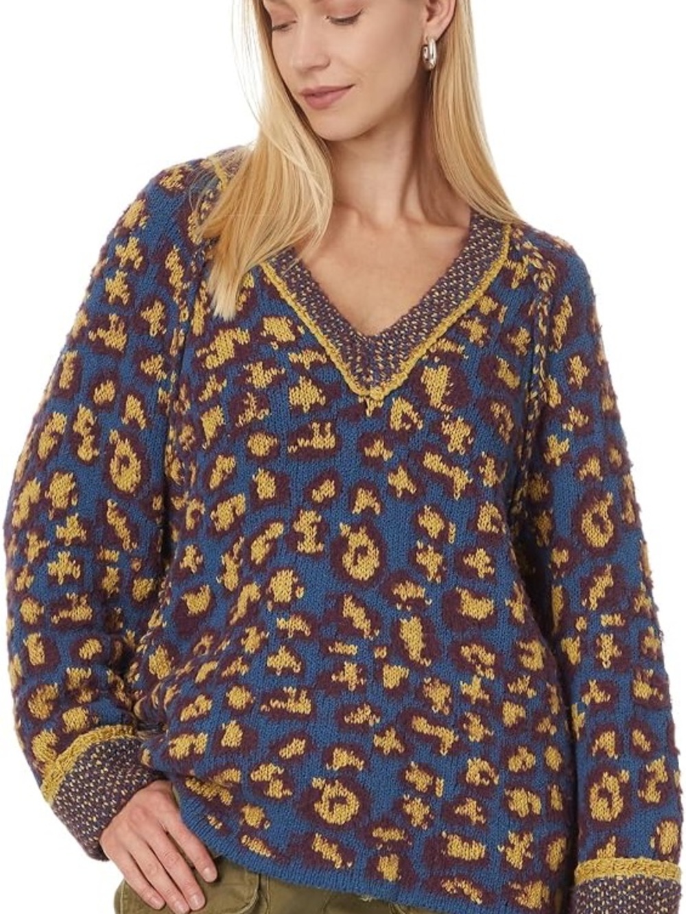 132. Free People Little Animal Pullover in Blue Fig Combo